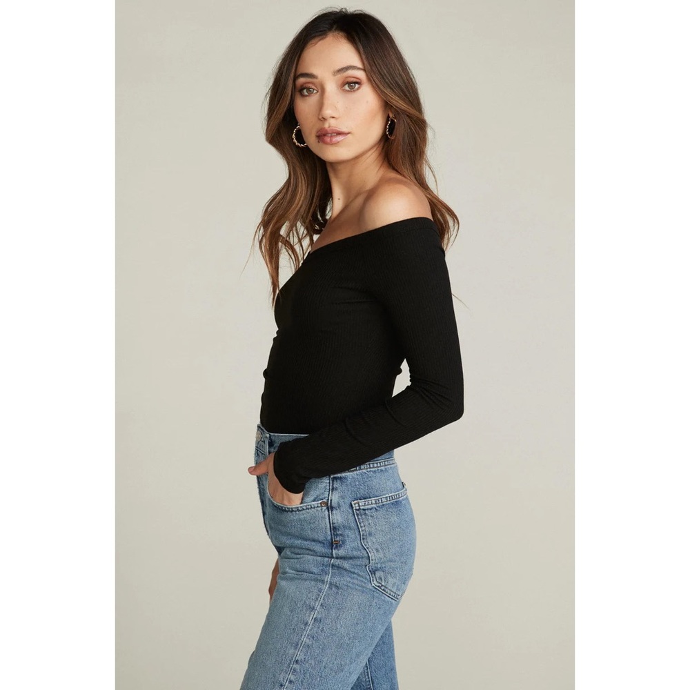 Belen Black Stella Ribbed Long Sleeve Off the Shoulder V-Neck Top EUC Size M - Picture 2 of 10